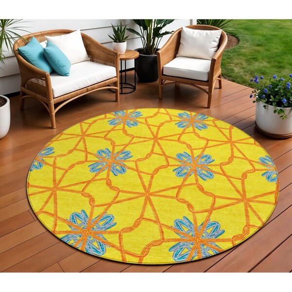 Homeroots 8' Yellow And Teal Blue Round Geometric Washable Indoor Outdoor Area Rug 613454 - main