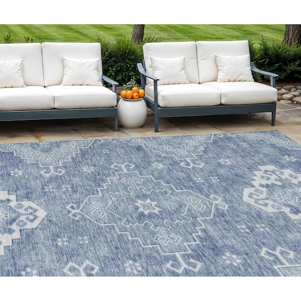 Homeroots 10' X 14' Navy Blue And Denim Blue Medallion Washable Indoor Outdoor Area Rug 589037 - main