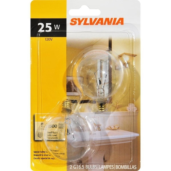 Sylvania Incandescent Lamp, 25 W, G165 Lamp, Candelabra Lamp Base, 180 Lumens, 2850 K Color Temp 13625 - main