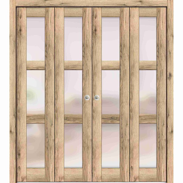 Sartodoors Sliding Closet Double Bi-fold Doors, Lucia 2552 Oak with Frosted Glass, Sturdy Tracks Moldings Tri LUCIA2552DBF-DUB-96 x 84 (4* 24x84) - main