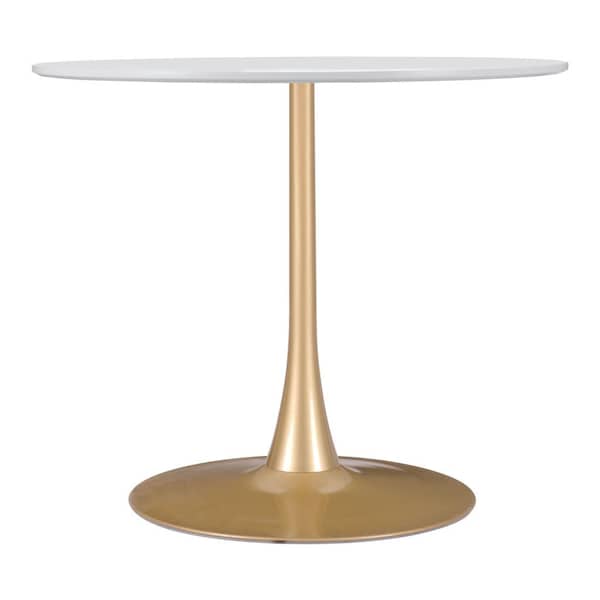 Homeroots 35" White And Gold Rounded Steel Pedestal Base Dining Table 386246 - main