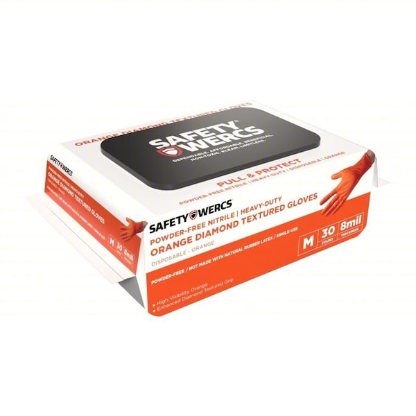 Safety Wercs Disposable Gloves, 8 mil Palm, Nitrile, Powder-Free, 30 PK, Orange, M SWOR8014M - main