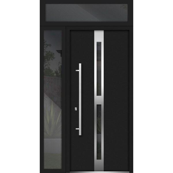 Vdomdoors Steel Door Deux 1755 Black Enamel Sidelight and Transom Window Stainless Inserts Single Modern Pain DEUX1755EXD-BLK-W36+12 x H80+16-Right-hand Inswing - main