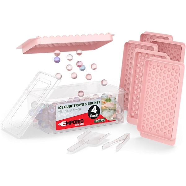 Emporio Kitchen Round Ice Cube Tray Set Pack of 4, BPA-Free, 33 Ice Balls per Tray, Lid & Tongs, Pink EMPICES34PK - main