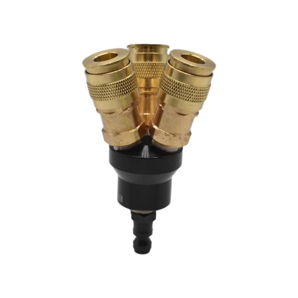 Interstate Pneumatics Aluminum Round Manifold with Three 1/4 Inch Brass Universal Couplers, 1/4 Inch Steel Automotive Plug FPM44-KG4AB - main
