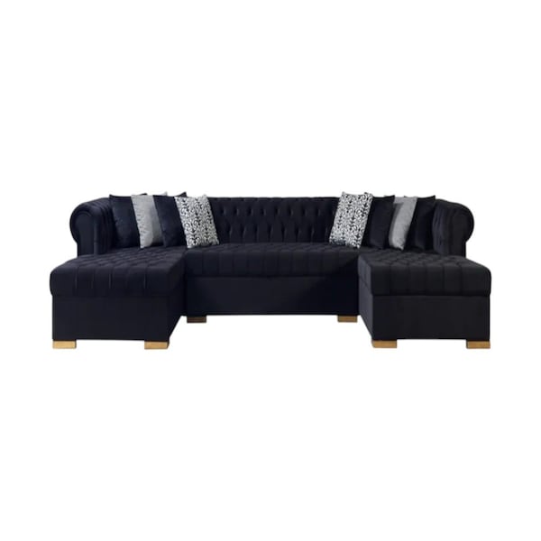 Homeroots Black Velvet U Shaped Three Piece Sofa and Chaise Sectional With Toss Pillows 643889 - main