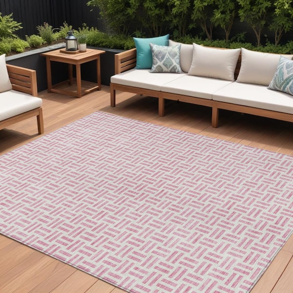 Homeroots 9' X 12' Pink And Ivory Geometric Washable Indoor Outdoor Area Rug 614771 - main