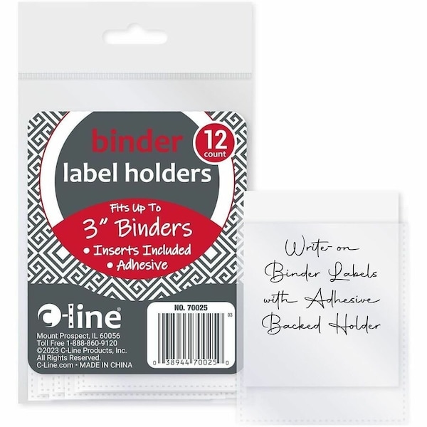 C-Line Products Self-Adhesive Ring Binder Label Holders, Top Load, 2.25 x 3.63, Clear, PK12, 12PK 70025 - main