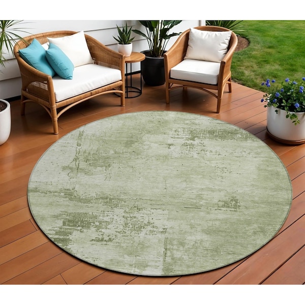 Homeroots 8' Olive Green And Ivory Round Abstract Washable Indoor Outdoor Area Rug 602733 - main