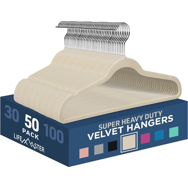 Lifemaster Velvet Hangers, Heavy Duty, 360 Deg Swivel Hook, Space-Saving, Ivory Finish, 50PK LMVELIVO55 - main