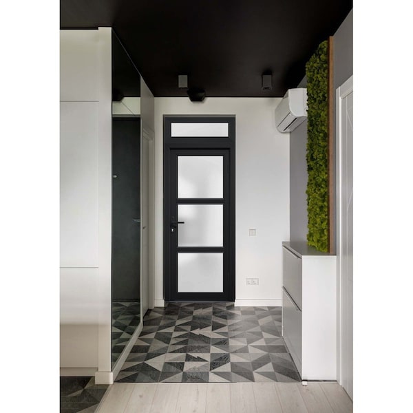 Vdomdoors Front Exterior Prehung FiberGlass Door Frosted Glass / Manux 8552 Matte Black / Transom Window / Of MANUX8552EXD-BLK-W36 x H80+14-LH - main