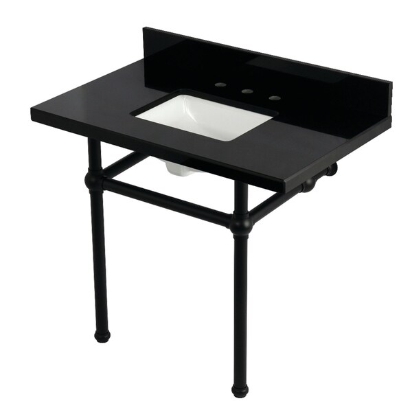Kingston Brass 36" Black Granite Console Sink with Brass Legs, 8-Inch, 3-Hole, Black Granite/Matte Black KVPK3630KBSQ0 - main