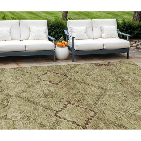 Homeroots 8' X 10' Brown Beige And Artichoke Green Floral Washable Indoor Outdoor Area Rug 588885 - main