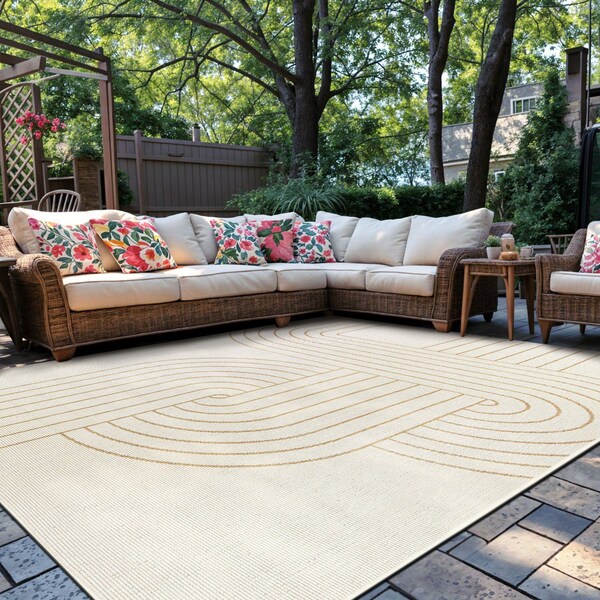World Rug Gallery Modern Abstract Lines Weather Resistant Reversible Indoor/Outdoor Rug 7 ft 10 in x 10 ft Natural WR110NATURAL8X10 - main