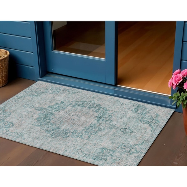 Homeroots 3' X 5' Teal Blue Floral Medallion Washable Indoor Outdoor Area Rug 607944 - main
