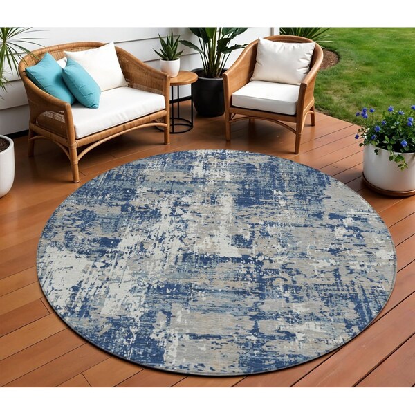 Homeroots 8' Navy Blue Gray And Ivory Round Abstract Washable Indoor Outdoor Area Rug 597988 - main