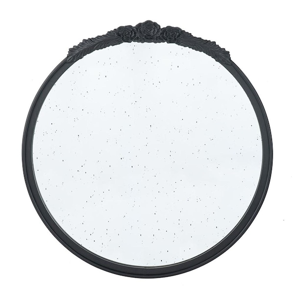 Homeroots 30" Black Crowned Top Antiqued Glass Round Framed Accent Mirror 485094 - main