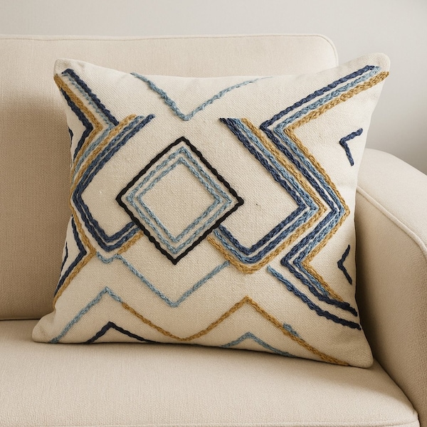Homeroots 20" Blue Yellow And Black Geometric Wool Blend Throw Pillow Cover with Texture 608187 - main