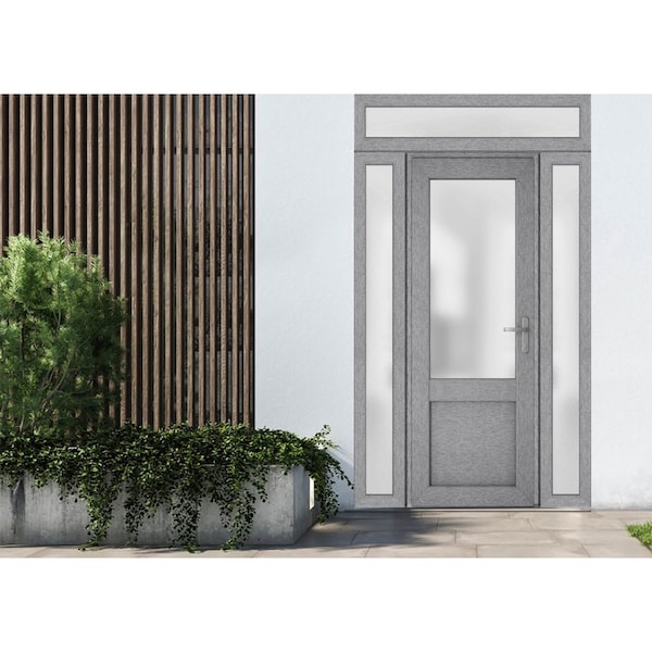 Vdomdoors Front Exterior Prehung FiberGlass Door Frosted Glass / Manux 8422 Grey Ash / 2 Sidelight and Transo MANUX8422EXD-SS-W12+36+12 x H80+14-LH - main