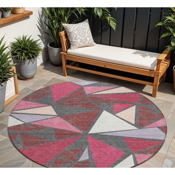Homeroots 8' Burgundy Pink And Charcoal Round Geometric Washable Indoor Outdoor Area Rug 600356 - main