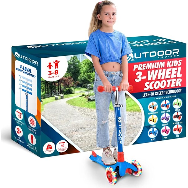 Outdoorcruiser Outdoor Cruiser 3-Wheel Kids Scooter, Lean-to-Steer, LED Wheels, Adjustable T-Bar, Blue/Red OCKSRB684 - main