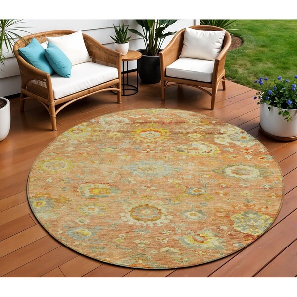Homeroots 8' Coral Blue And Green Round Floral Washable Indoor Outdoor Area Rug 604074 - main