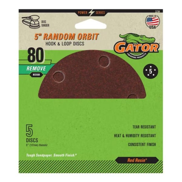 Gator Finishing Red Resin 5 in. Random Orbit Hook and Loop Sanding Discs, 80 Grit, Medium, 5PK 3784 - main
