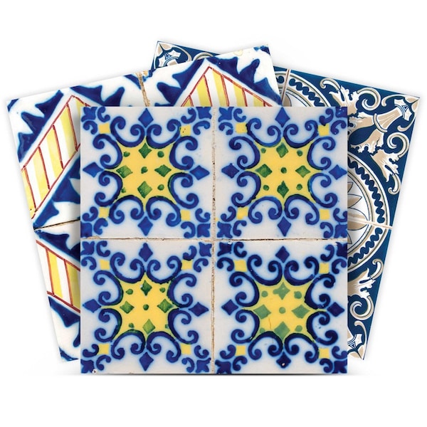 Homeroots 5" X 5" Blue Yellow Julia Peel and Stick Tiles 400271 - main