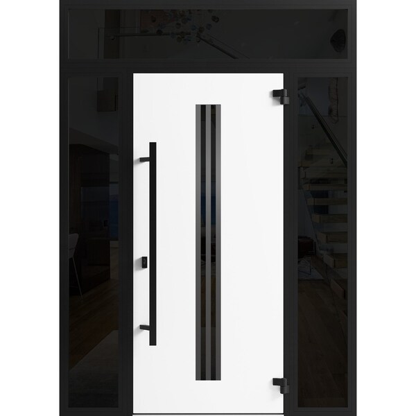 Vdomdoors Front Exterior Prehung Steel Door Ronex1055 Teak 2 Sidelight and Transom Window Sidelite Entry RONEX1055EXD-OAK-W16+36+16 X H80+16-LH-I - main