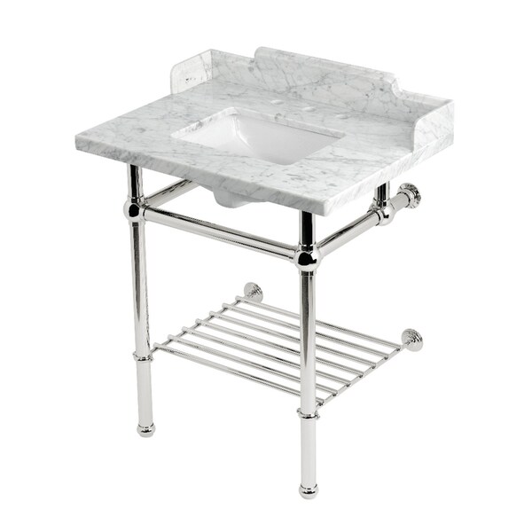 Kingston Brass 30-Inch Carrara Marble Console Sink with Brass Legs and Shelf, 8-Inch, 3-Hole LMS30MBSQB6 - main