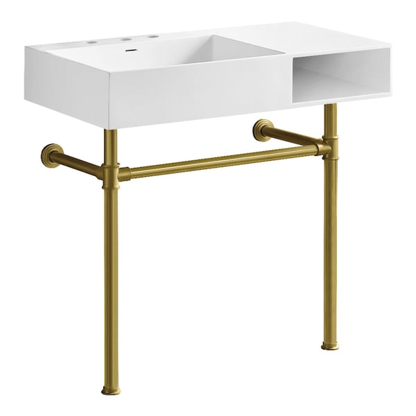 Kingston Brass 36" Solid Surface Console Sink with Stainless Steel Legs, 8-Inch, 3-Hole, Matte White/Brushed Brass KVPB3368SQA87 - main