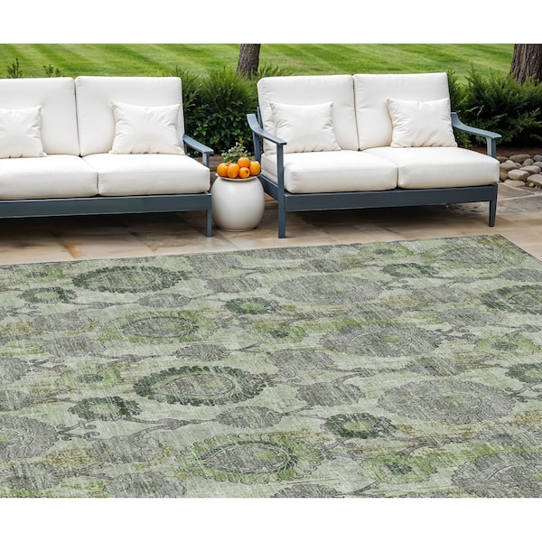 Homeroots 10' X 14' Artichoke Green And Fern Green Damask Washable Indoor Outdoor Area Rug 588171 - main