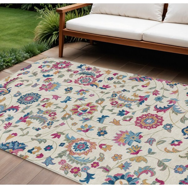 Homeroots 9' X 12' Linen Pink And Denim Blue Floral Washable Indoor Outdoor Area Rug 597828 - main