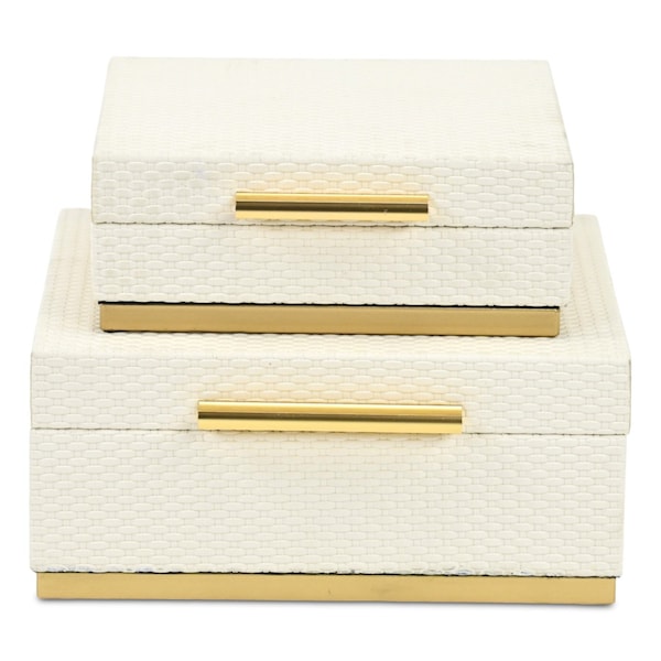 Homeroots Set of Two White And Gold Square Nesting Decorative Storage Boxes With Lids, 2PK 712923 - main