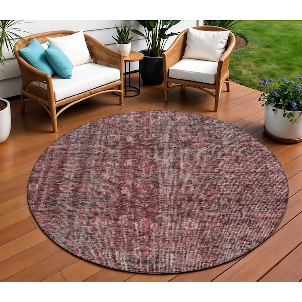 Homeroots 8' Pink And Brick Red Round Damask Washable Indoor Outdoor Area Rug 605099 - main