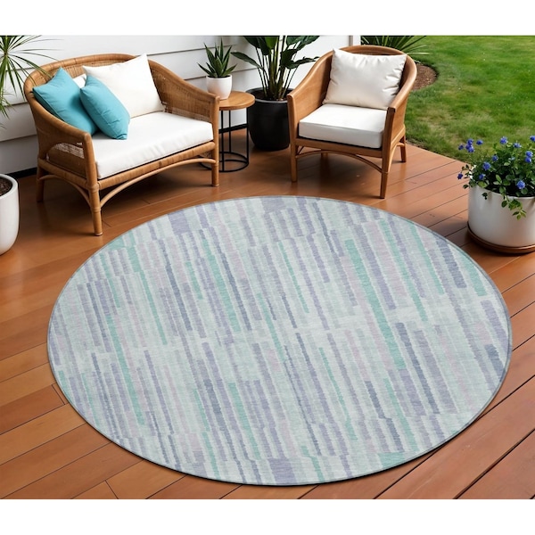 Homeroots 8' Mint Green And Ivory Round Striped Washable Indoor Outdoor Area Rug 631547 - main
