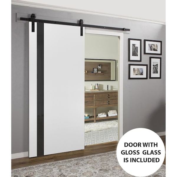 Sartodoors Sturdy Barn Door, Planum 0040 White Silk with Black Glass, 6.6FT Rail Hangers Heavy Hardware Set, S PLANUM0040BD-B-WS-18 - main