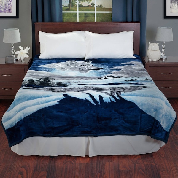 Lavish Home Wolf Blanket 74x91-inch Printed Winter Wolf Blanket Plush Thick 7.5lb Faux Mink Queen Throw 66-B1365 - main