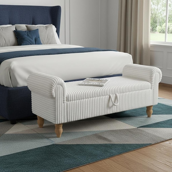 Homeroots 55in White and Brown Corduroy and Solid Wood Upholstered Storage Bench With Flip Top 724170 - main