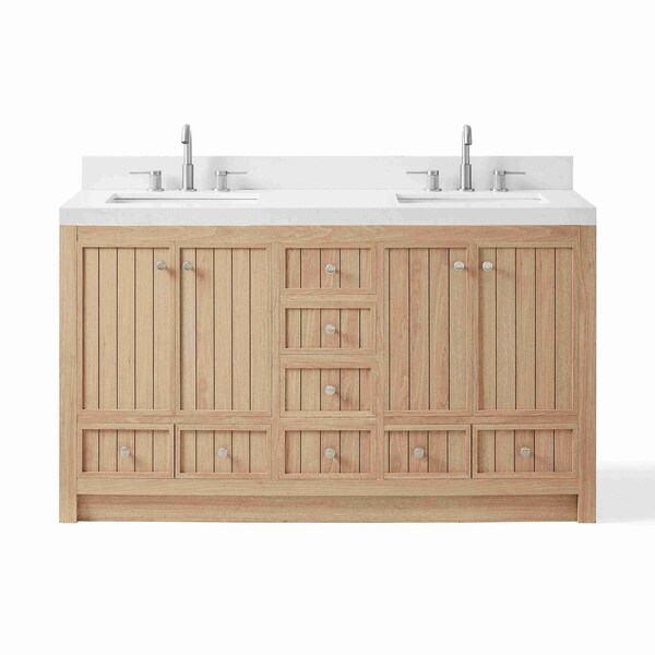 Homeroots 60" Natural Wood Double Bathroom Vanity With White And Gray Quartz Countertop 714297 - main