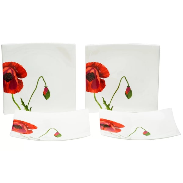 Homeroots Red and White Six Piece Square Floral Bone China Service For Six Salad Plate Set 483516 - main