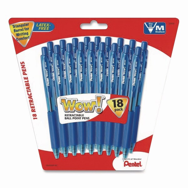 Pentel WOW! Ballpoint Pen, Retractable, Medium 0.7 mm, Blue Ink, Translucent Blue/Blue Barrel, 18PK BK440BP18C - main