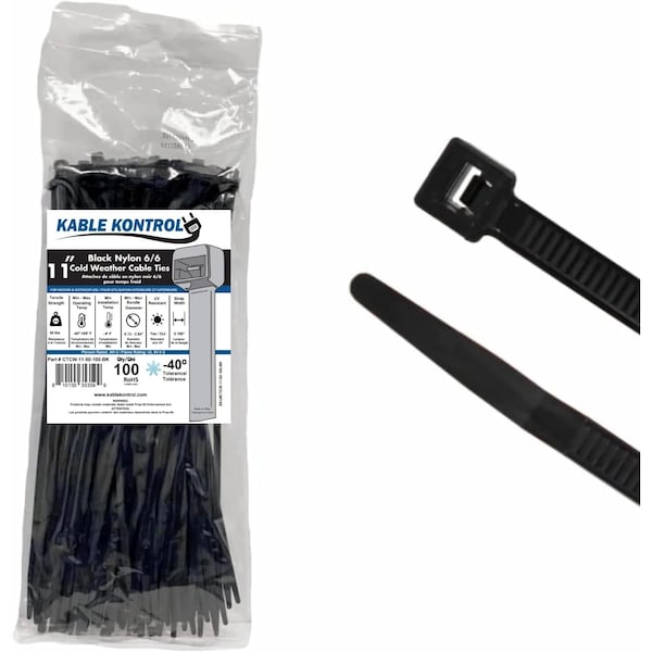 Kable Kontrol Cold Weather Cable Zip Ties, 11 in L, 3.062 in Max Bundle Dia., Black, Nylon 6-6 - UV Resistant CTCW-11-50-100-BK - main