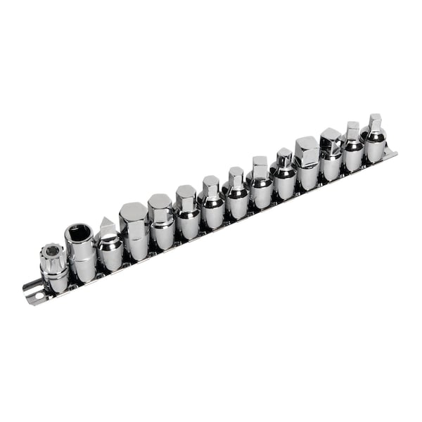 Performance Tool 15 pc. Drain Plug Socket Set, Chrome Vanadium, Storage Rail, Hex Square W54287 - main