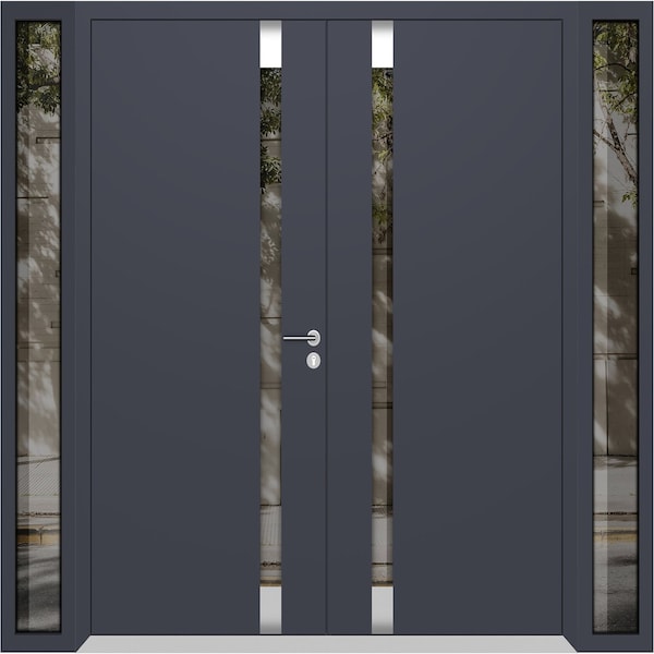 Vdomdoors Aluminum Double Doors Cynex 6777 Grey 2 Sidelights Mirrored Clear Glass Modern Painted 96x96 (W12+7 CYNEX6777DEXD-GRE-W12+72+12xH96-RH-O - main