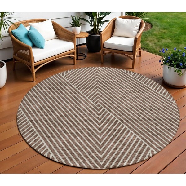 Homeroots 8' Brown And Ivory Round Geometric Washable Indoor Outdoor Area Rug 612120 - main