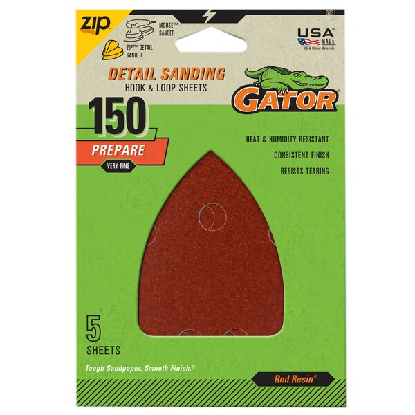 Gator Finishing Red Resin Detail Sanding Hook and Loop Sheets, 150 Grit, 5PK 3731 - main