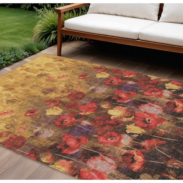 Homeroots 8' X 10' Gold Red And Brown Floral Washable Indoor Outdoor Area Rug 597060 - main