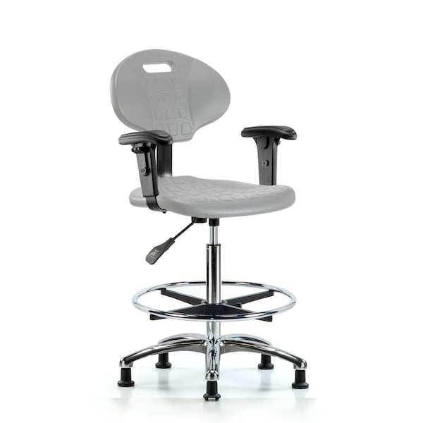 Blue Ridge Ergonomics Poly Chair Chrome-High Bench Height with Chrome Foot Ring, Adj Arms, & Stationary Glides in Gray Poly TPHBCH-CR-A1-CF-RG-GRY - main