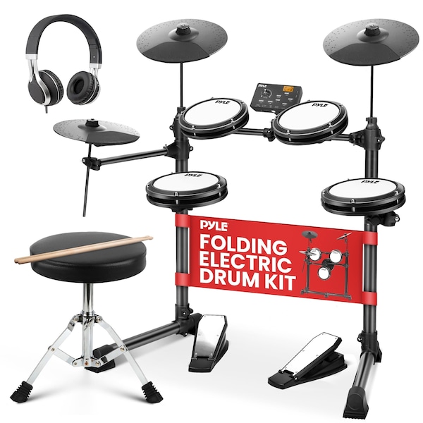 Pyle Electronic Drum Set with 4 Quiet Mesh Pads, 180 Sound Styles, 3 Cymbals, 2 Pedals, Throne PEDKITPRO62 - main